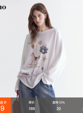 范洛Fano 莱赛尔棉T恤女春季新款松弛慵懒感小马印花宽松圆领上衣