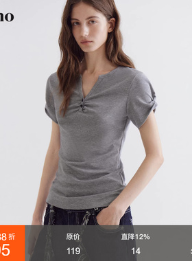 范洛Fano 韩系慵懒设计感T恤女2026春季新款灰色V领收腰短袖上衣