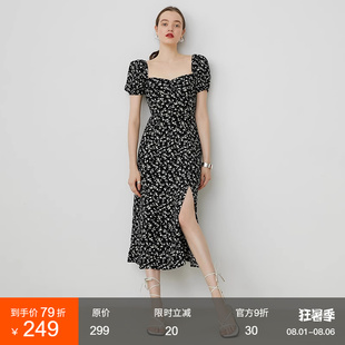 长裙子 范洛2025夏季 新款 法式 方领碎花连衣裙女黑色显瘦开叉泡泡袖