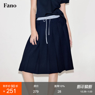 2025新款 范洛Fano 复古学院感双腰头撞格休闲百褶半身裙女夏薄款