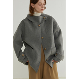 范洛2022冬季新款羊毛双面呢大衣女学院灰色金属扣短款毛呢子外套