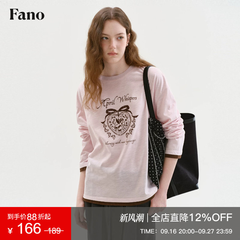 范洛Fano 复古温柔风爱心天使印花假两件女2026秋新款宽松长袖T恤图片