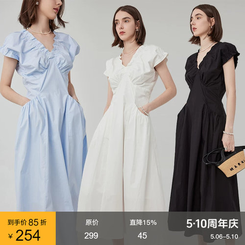 范洛褶饰大插袋收腰显瘦连衣裙