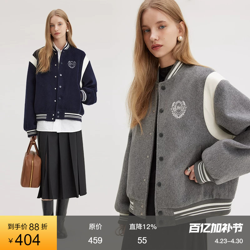 范洛Fano 棒球服外套女冬季复古学院风刺绣减龄毛呢料设计感上衣