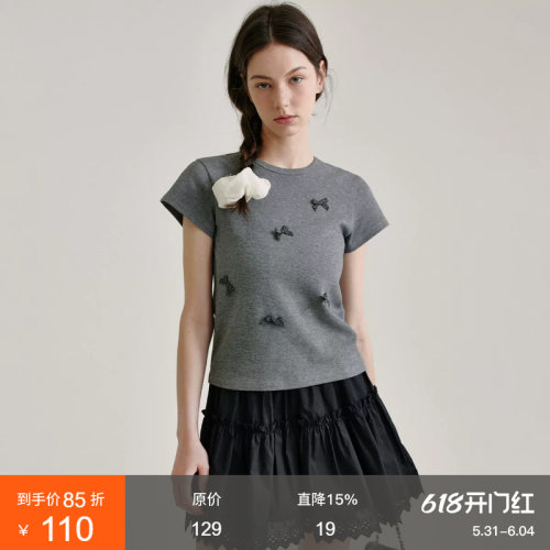 范洛Fano 设计感蝴蝶结拼接圆领短袖T恤2026夏季新款正肩上衣女