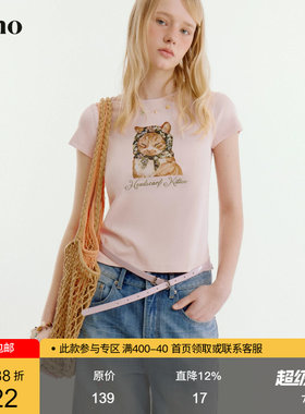 范洛Fano 复古休闲感修身T恤女2026夏季新款小猫印花圆领短袖上衣