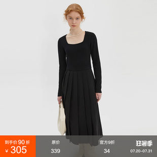 范洛2025秋季 方领针织拼接连衣裙女设计感气质显瘦小黑裙 新款 法式