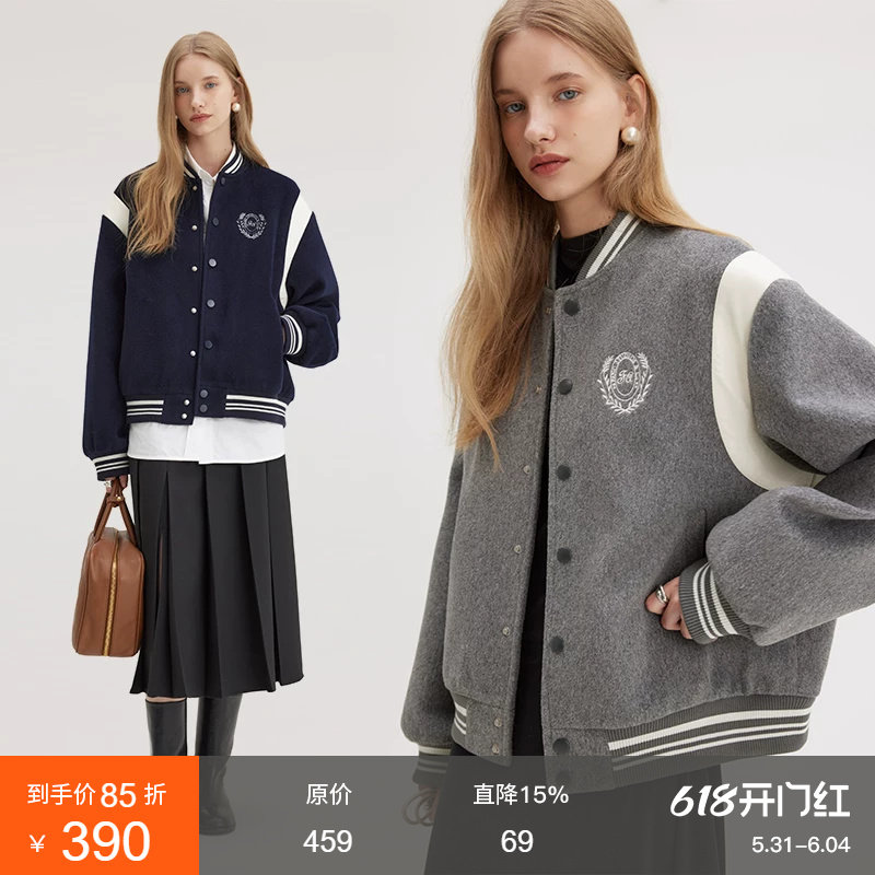 范洛Fano 棒球服外套女冬季复古学院风刺绣减龄毛呢料设计感上衣