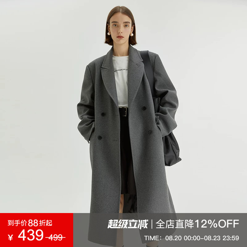 范洛Fano 2025高级感灰色毛呢大衣女冬季长款廓形通勤风呢子外套