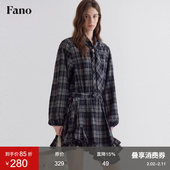 范洛Fano 复古黑白格纹连衣裙不规则荷叶边下摆浪漫立领系带裙子