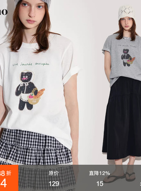 范洛Fano 俏皮感提篮头巾小猫印花雪花棉宽松休闲短袖女t恤上衣夏