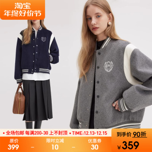 范洛2023冬季新款棒球棉服女加厚设计感复古学院风刺绣毛呢短外套