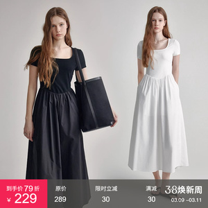 范洛黑色方领短袖连衣裙女2025夏季赫本风高腰显瘦针梭织拼接裙子
