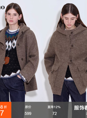 范洛Fano 轻复古质感扣袢设计羊毛混纺后背对褶连帽毛呢外套女冬