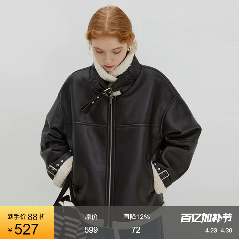 范洛Fano 皮毛一体短外套女加绒加厚冬新款宽松设计感机车服夹克