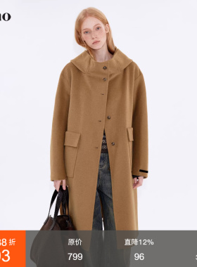 范洛Fano 氛围冬季70羊毛双面呢面料高领连帽设计极简廓形大衣女