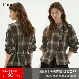 范洛Fano 100棉格纹衬衫女2026秋异形扣蝴蝶结系带设计感小众上衣