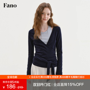 范洛Fano 温柔慵懒感撞色假两件女2026秋新款交叉绑带修身长袖T恤