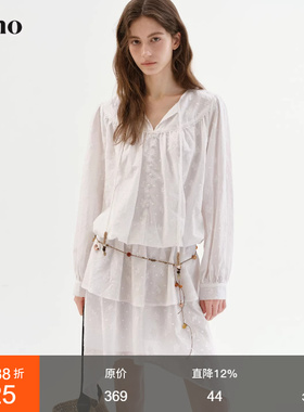 范洛Fano 100棉法式松弛感长袖连衣裙早春V领系带绣花白色蛋糕裙