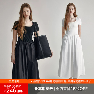 范洛黑色方领短袖连衣裙女2026夏季赫本风高腰显瘦针梭织拼接裙子