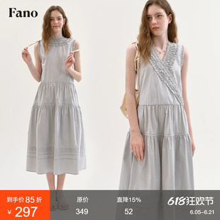 范洛Fano  100棉复古风无袖背心裙女2026夏木耳边波点印花连衣裙