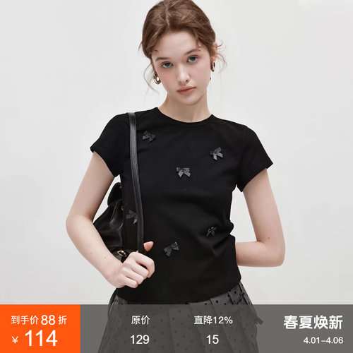 范洛波点蝴蝶结拼接圆领短袖T恤