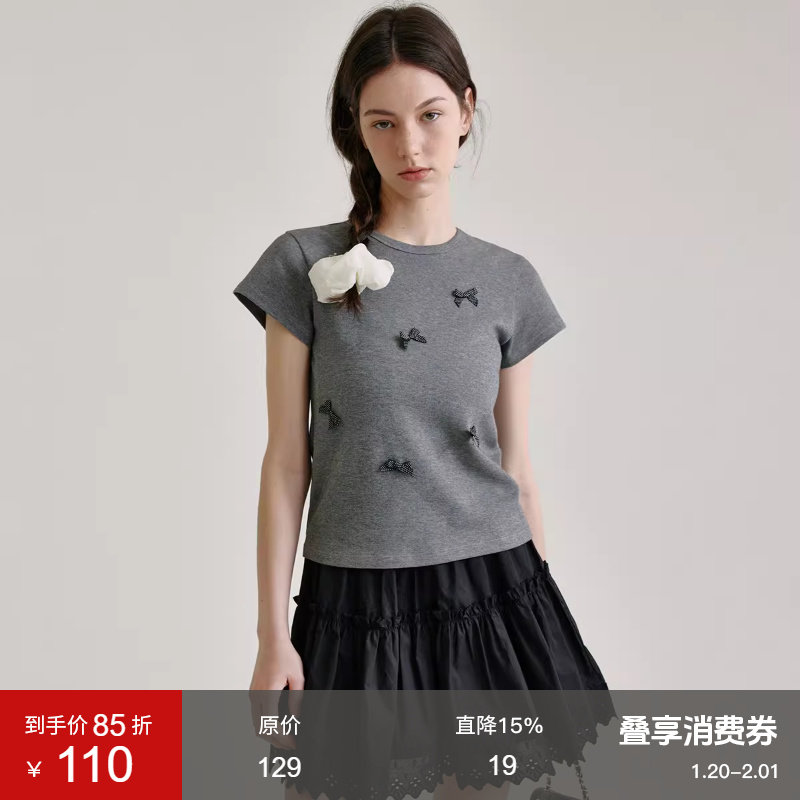 范洛Fano 设计感蝴蝶结拼接圆领短袖T恤2025夏季新款正肩上衣女,女装/女士精品,时尚套装,淘宝优惠券,粉丝福利购,淘宝优惠卷
