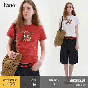 范洛Fano 100棉美式复古童趣风T恤女2026夏新款小狗印花红色上衣
