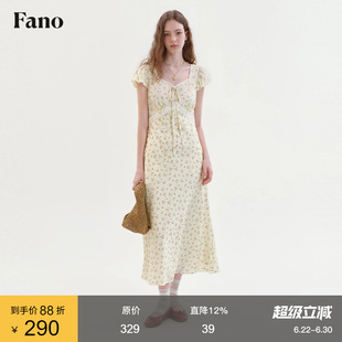 范洛Fano 法式田园风碎花连衣裙女2026夏季新款花边拼接方领A字裙
