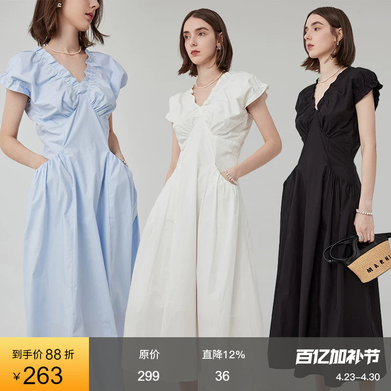 范洛法式V领连衣裙女设计感2026夏季新款褶皱插袋收腰泡泡袖裙子