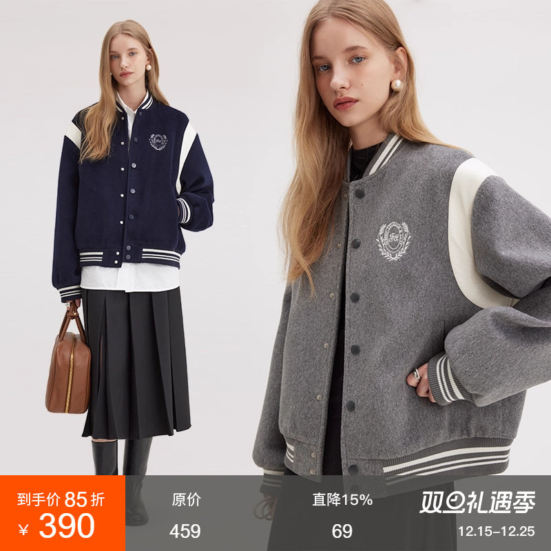 范洛学院风刺绣撞色棒球棉服外套