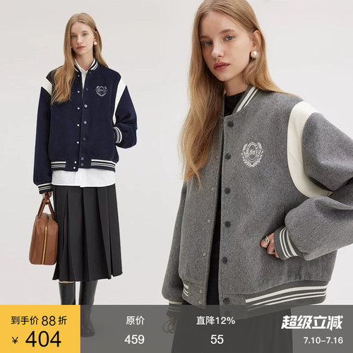 范洛学院风刺绣撞色棒球棉服外套