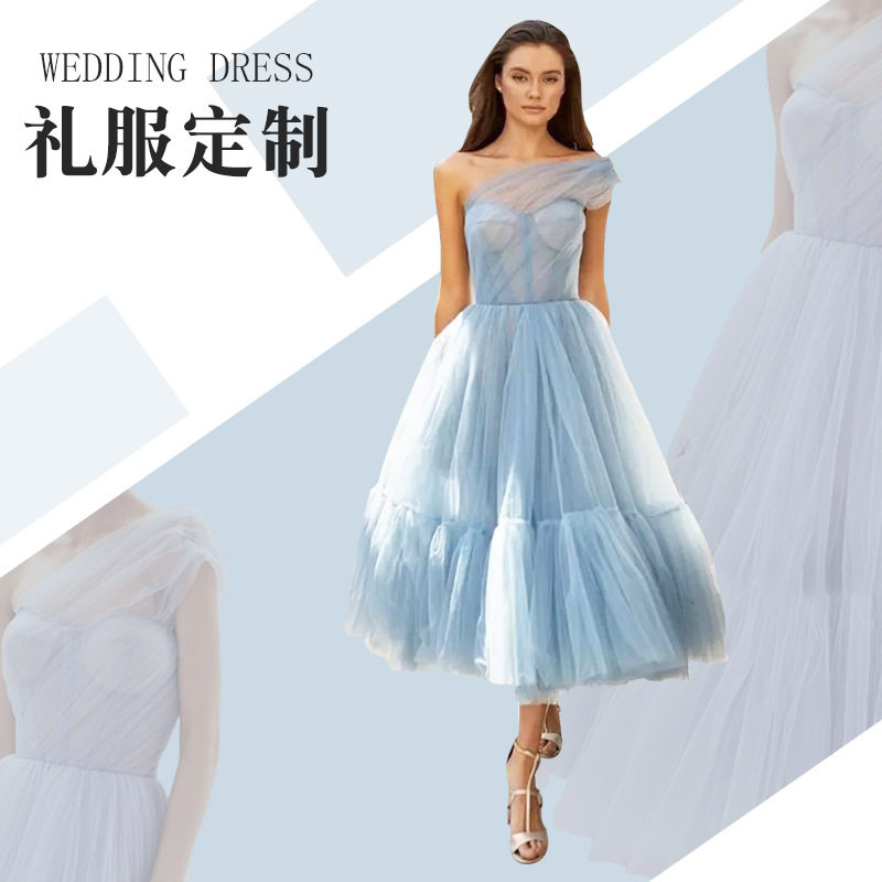 wedding dress定制薄款网纱长短裙斜肩绑带气质风裙伴娘裙晚礼服