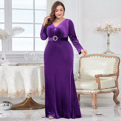 新款晚礼服亚马逊跨境性感辣妹包臀裙V领长袖晚宴聚会连衣裙