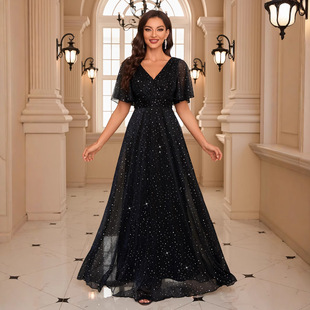 V领纯色荷叶袖收腰褶皱长款优雅华丽亮片晚礼服长款