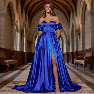 新款 优雅宴会晚装 女装 蓝色欧美开叉露肩长裙晚礼服礼服爆款