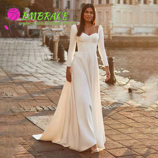 外贸欧美长袖缎面简约拖尾新娘敬酒服艺术写真旅拍轻婚纱中腰em1