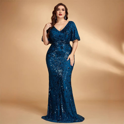 跨境亚马逊大码新款亮片短袖压褶晚礼服气质鱼尾裙敬酒派对长裙