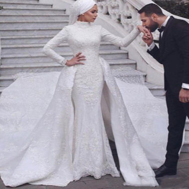 非洲婚纱晚礼服新款长袖圆领可拆卸拖尾wedding dress