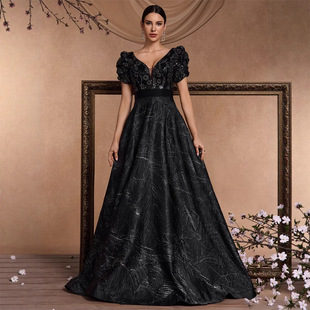 欧美优雅深v领灯笼短袖珠片拼接气质华丽酒会正式晚宴礼服裙