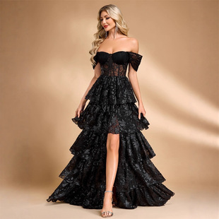 欧美跨境长款优雅露肩气质酒会晚宴礼服奢华开叉伴娘毕业礼服蛋糕