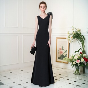 高定晚礼服黑色2024新款主持人艺考连衣裙女轻奢大气性感鱼尾
