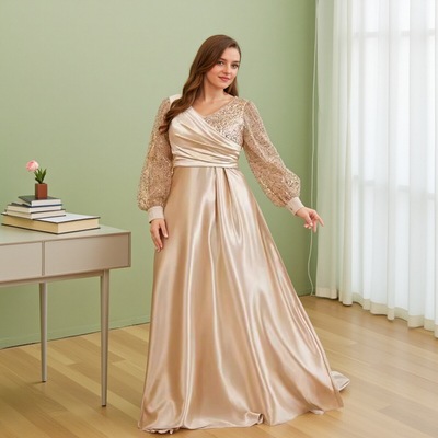 大码长袖连衣裙珠片宴会晚礼服