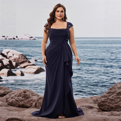 欧美肥婆大码优雅珠片拼接合身方领无袖酒会晚宴礼服裙妈妈礼服