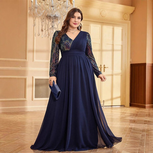 跨境新款大码胖MM优雅连衣裙长袖V领修身伴娘宴会敬酒晚礼服女