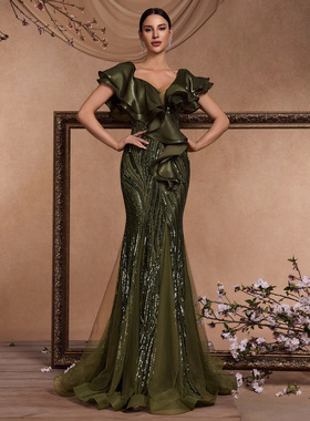 优雅荷叶袖珠片气质酒会正式晚宴礼服裙露背奢华人鱼毕业晚礼服