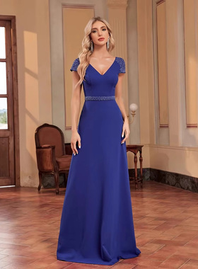 欧美亚马逊2025新款蓝色钉珠连衣裙长修身鱼尾伴娘宴会晚礼服女