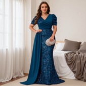 优雅V领短袖 酒会晚宴礼服裙妈妈礼服PLUS SIZE 大码 WEDDING DRESS