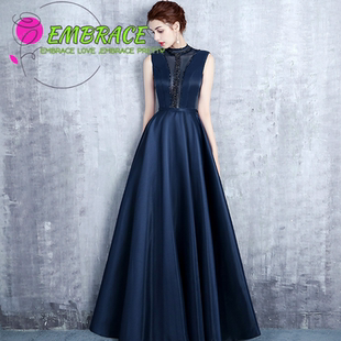 宴会晚礼服裙新款秋冬端庄大气缎面高贵优雅年会主持人礼服裙Wed