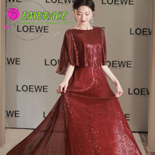 酒红色大合唱团演出服女长裙宴会晚礼服遮肉主持独唱朗诵礼仪eve